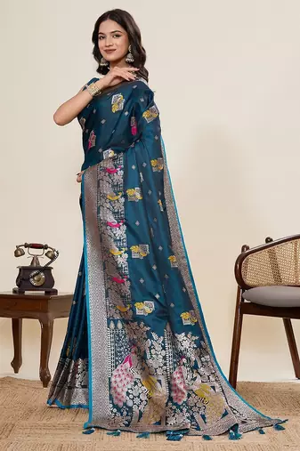 teal silk blend printed saree with blouse