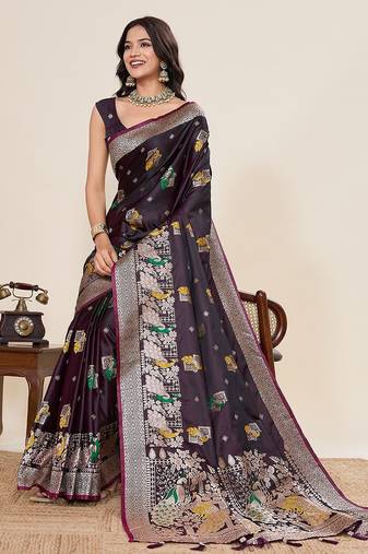 wine silk blend printed saree with blouse
