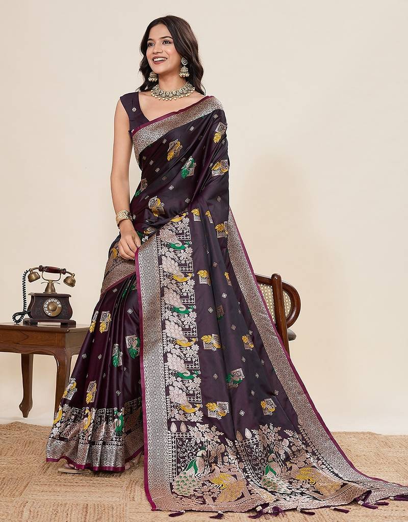 wine silk blend printed saree with blouse
