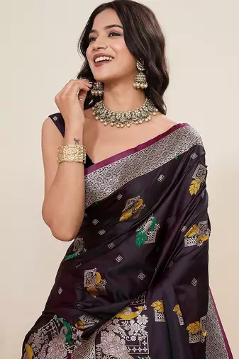 wine silk blend printed saree with blouse