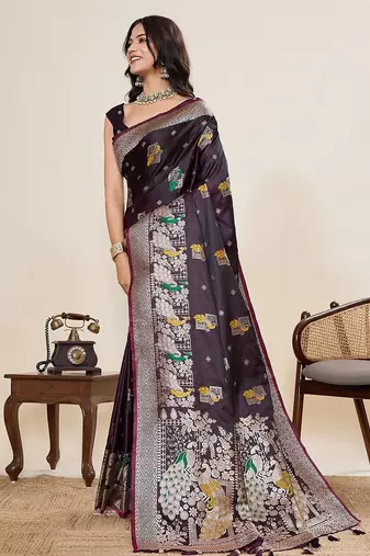 wine silk blend printed saree with blouse