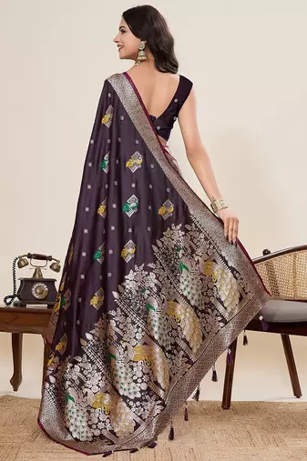 wine silk blend printed saree with blouse