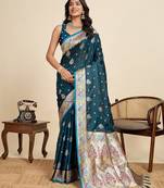blue satin printed saree with blouse