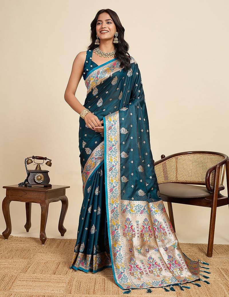 blue satin printed saree with blouse