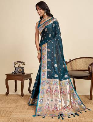 blue satin printed saree with blouse 2
