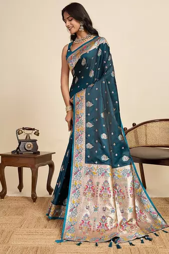 blue satin printed saree with blouse