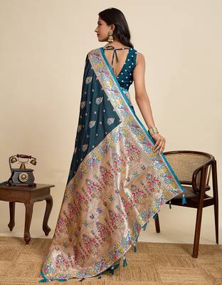 blue satin printed saree with blouse 3