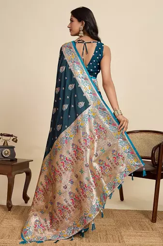 blue satin printed saree with blouse