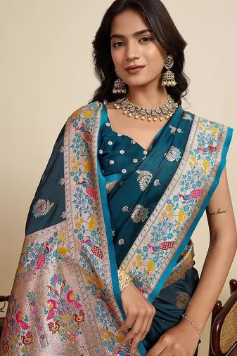 blue satin printed saree with blouse