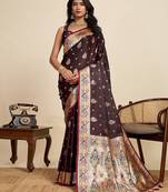 brown satin printed saree with blouse