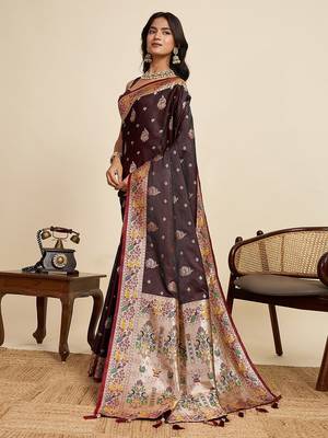 brown satin printed saree with blouse 2
