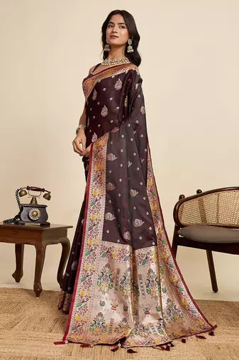 brown satin printed saree with blouse