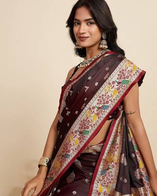 brown satin printed saree with blouse 4