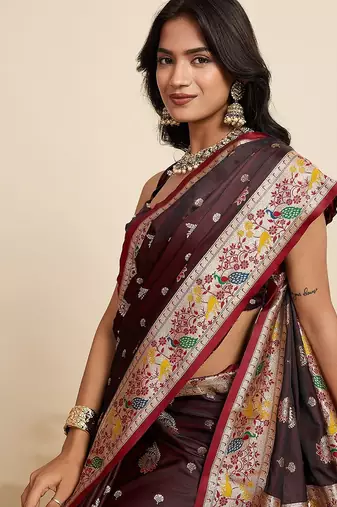 brown satin printed saree with blouse