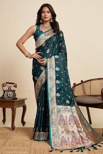 green satin printed saree with blouse
