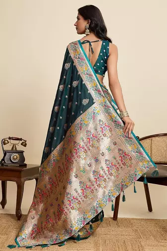 green satin printed saree with blouse