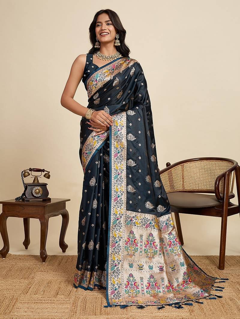 teal satin printed saree with blouse