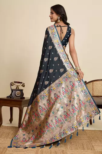 teal satin printed saree with blouse
