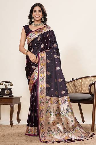 wine satin printed saree with blouse