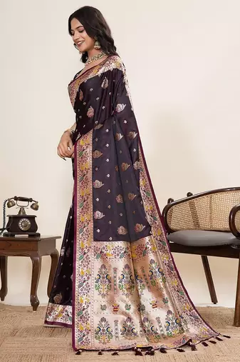 wine satin printed saree with blouse