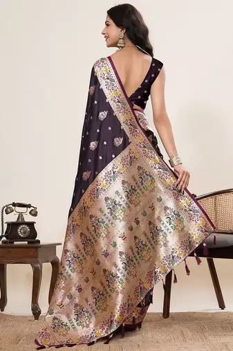 wine satin printed saree with blouse