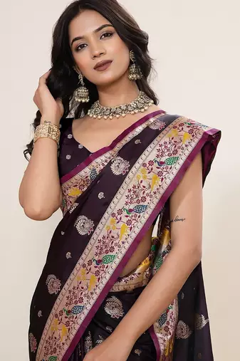 wine satin printed saree with blouse