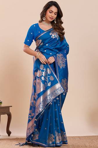 blue silk blend printed saree with blouse