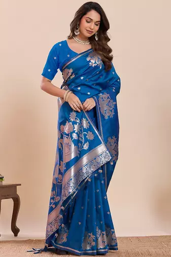 blue silk blend printed saree with blouse