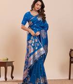 blue silk blend printed saree with blouse
