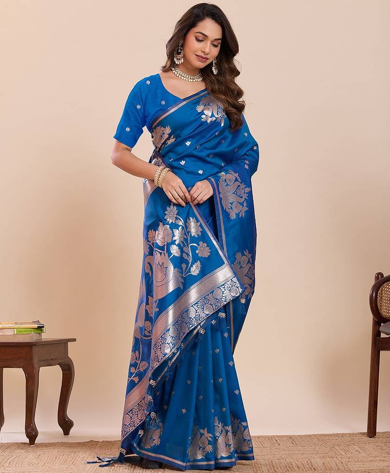blue silk blend printed saree with blouse