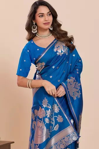 blue silk blend printed saree with blouse