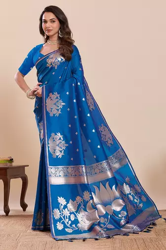 blue silk blend printed saree with blouse