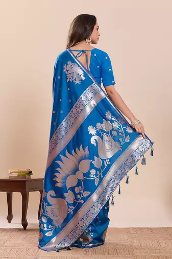 blue silk blend printed saree with blouse