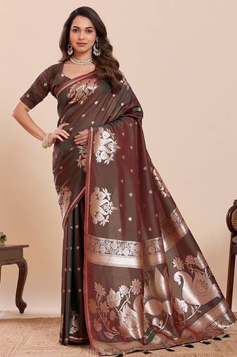 brown silk blend printed saree with blouse