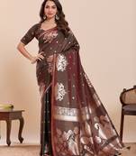 brown silk blend printed saree with blouse