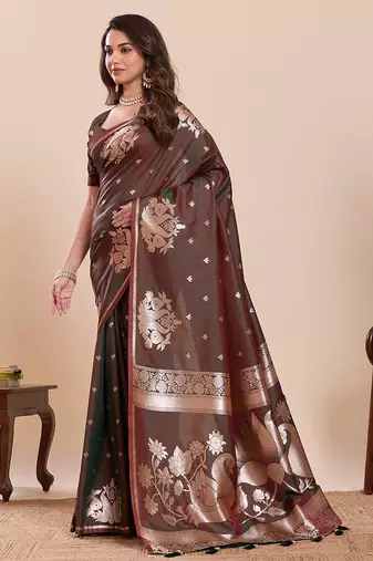 brown silk blend printed saree with blouse