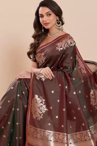 brown silk blend printed saree with blouse