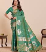 green silk blend printed saree with blouse