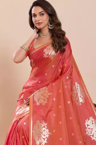 orange silk blend printed saree with blouse