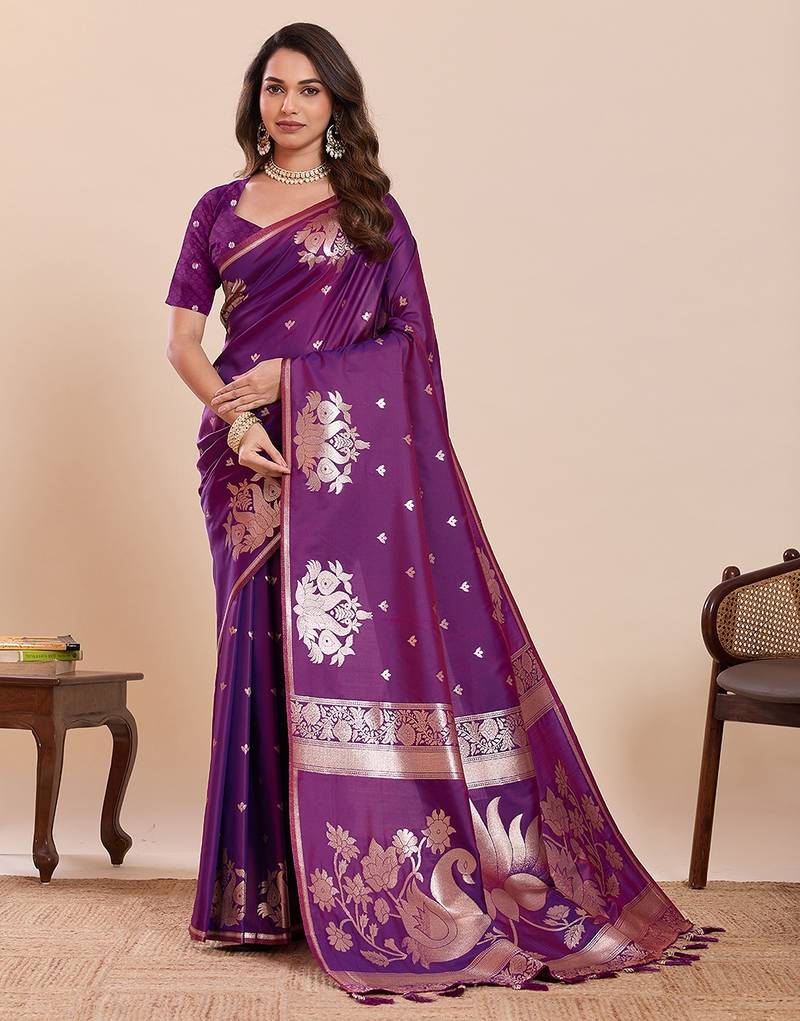 purple silk blend printed saree with blouse