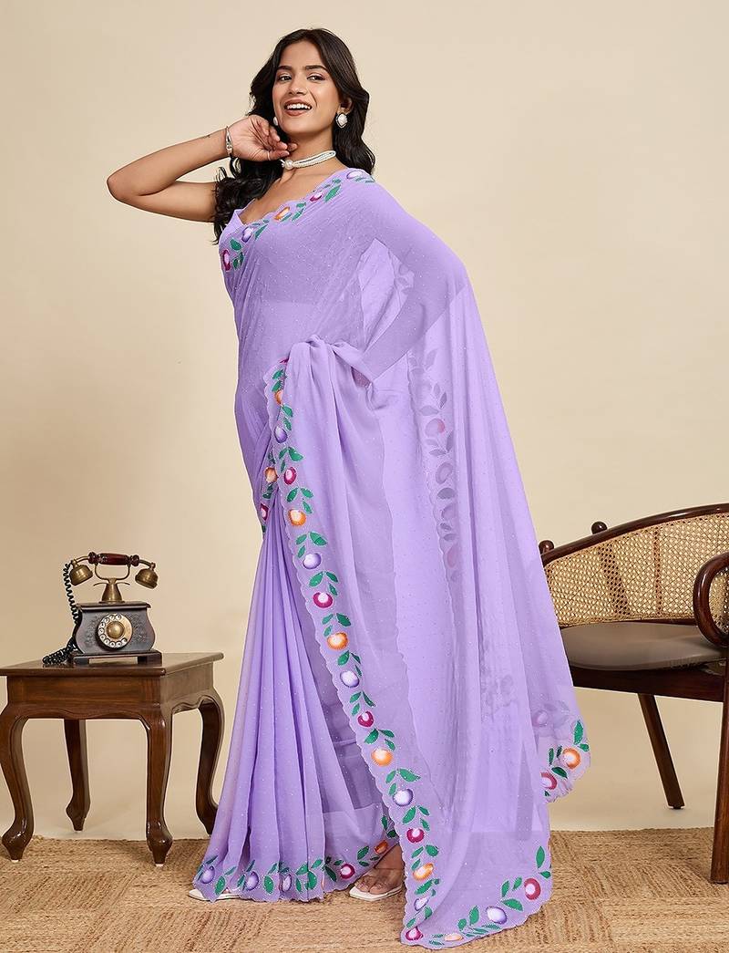lavender georgette printed saree with blouse