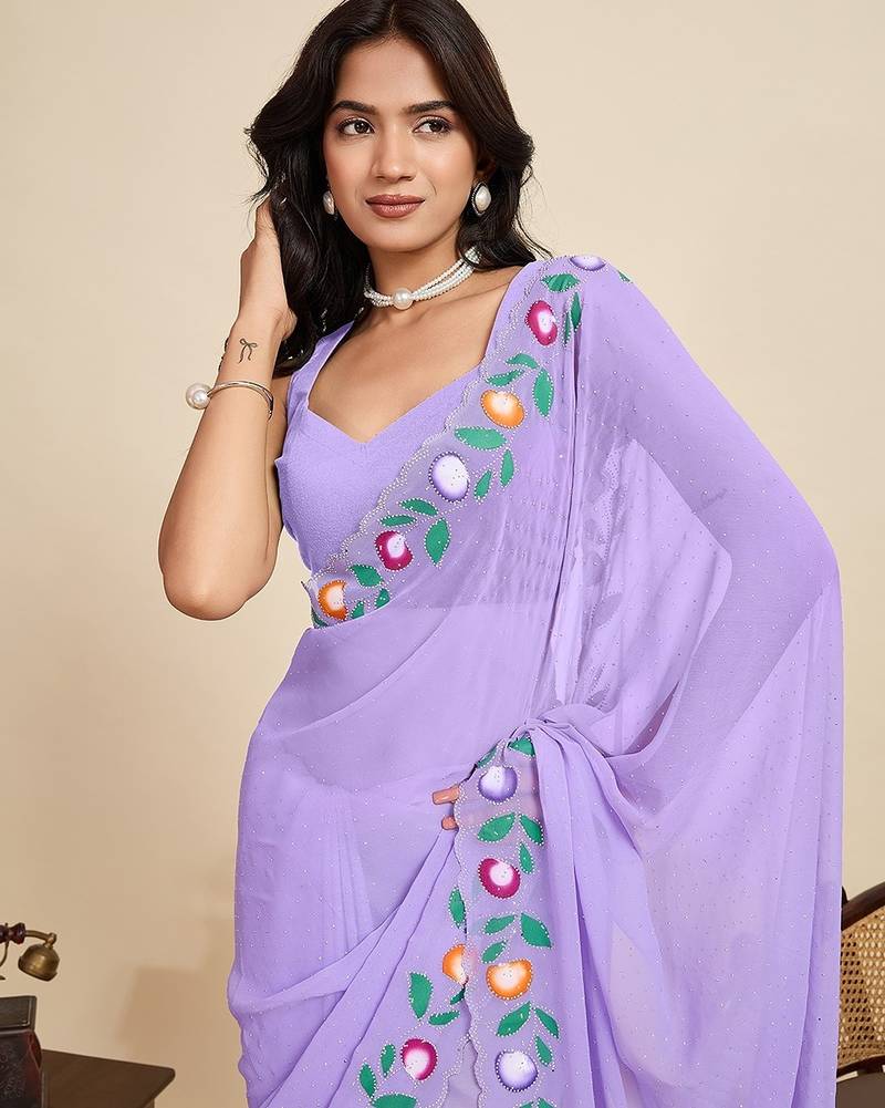 lavender georgette printed saree with blouse