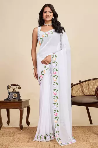 white georgette printed saree with blouse