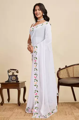 white georgette printed saree with blouse