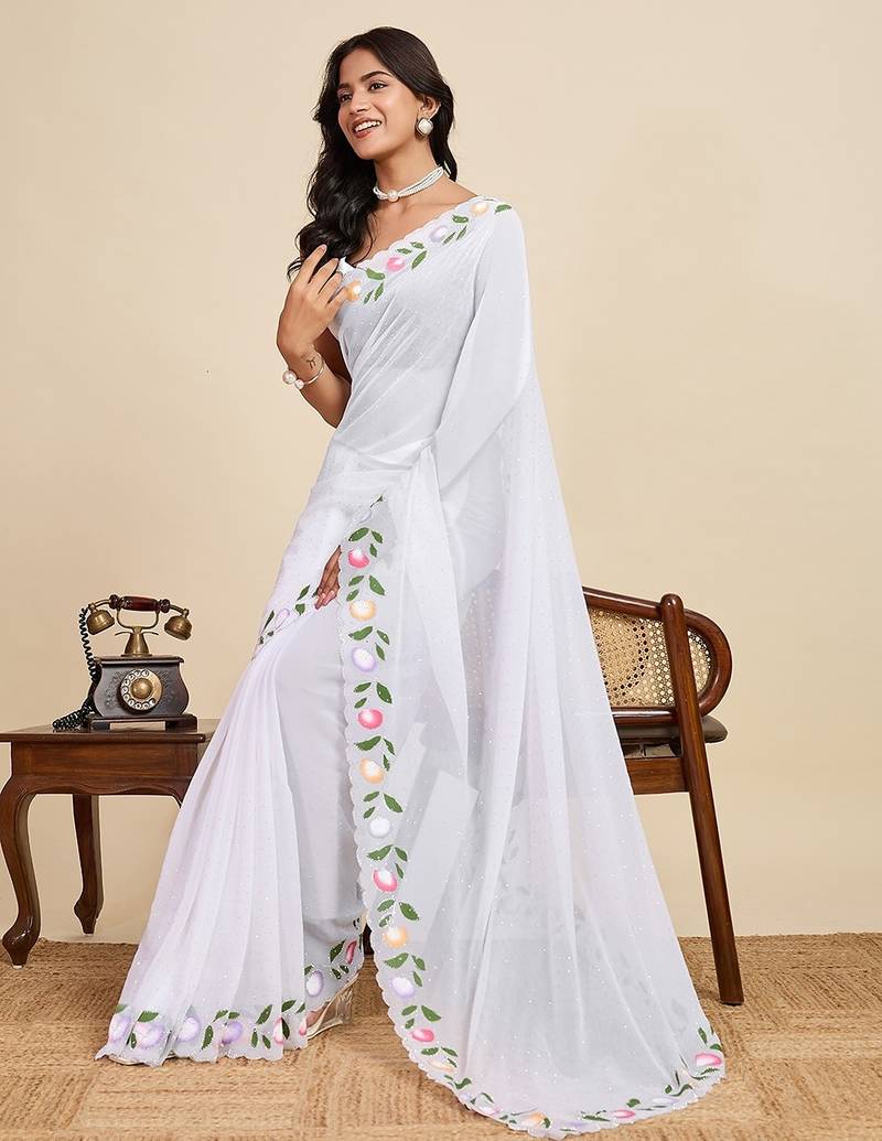 white georgette printed saree with blouse