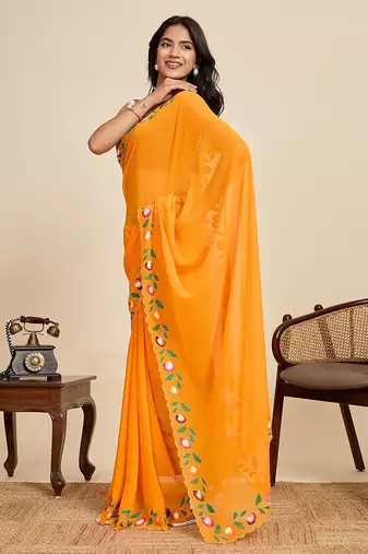 yellow georgette printed saree with blouse