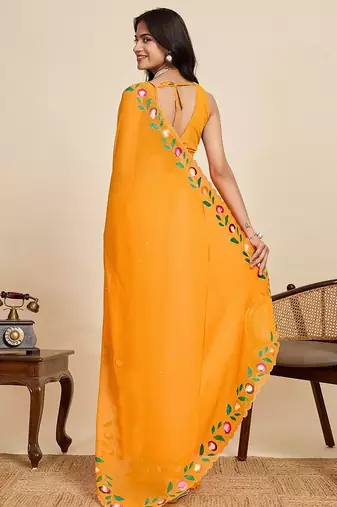 yellow georgette printed saree with blouse
