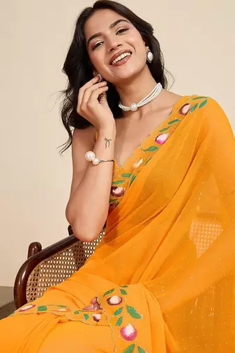 yellow georgette printed saree with blouse
