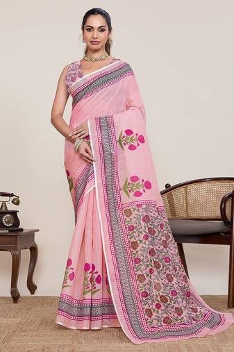 pink linen printed saree with blouse