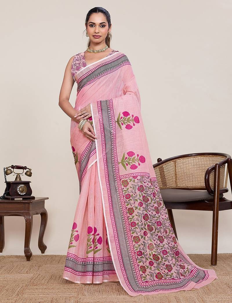 pink linen printed saree with blouse